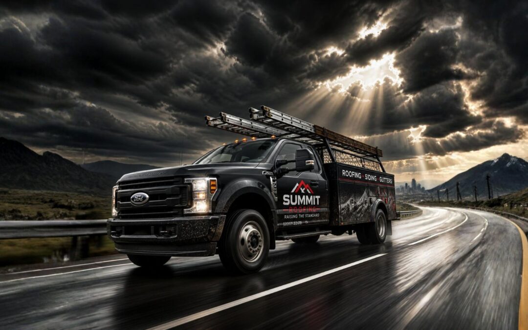 roofing truck on the road staying busy during storm season